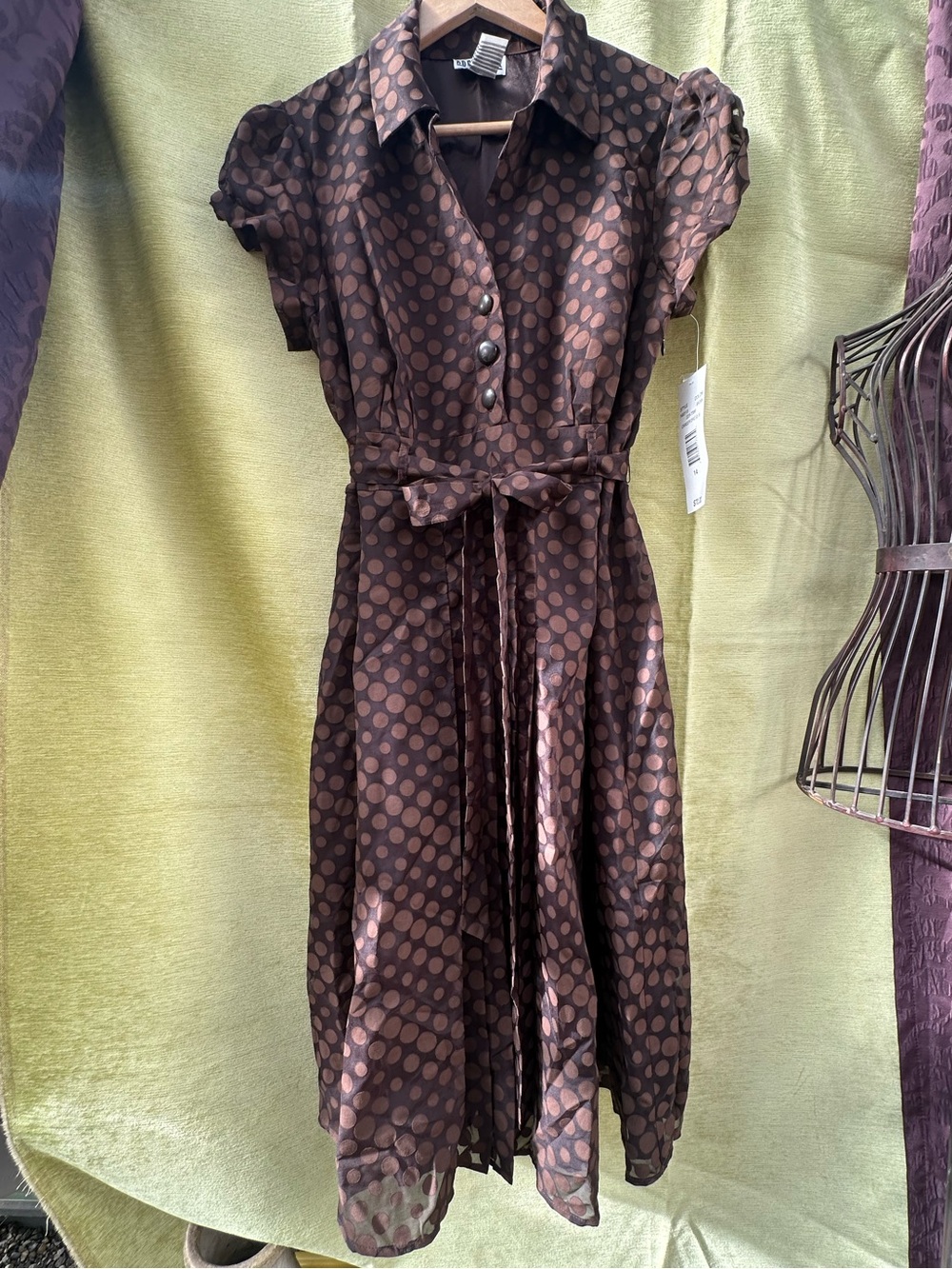 NWT Robbie Bee Vintage-Inspired Black Brown Polka Dots Pleated Dress Retro-Style